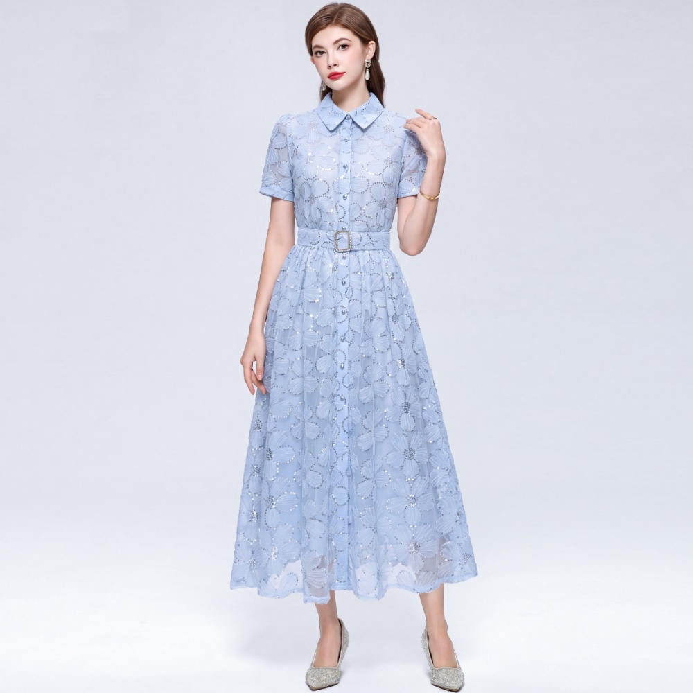 Tender short sleeve A-line big skirt single-breasted lapel dress