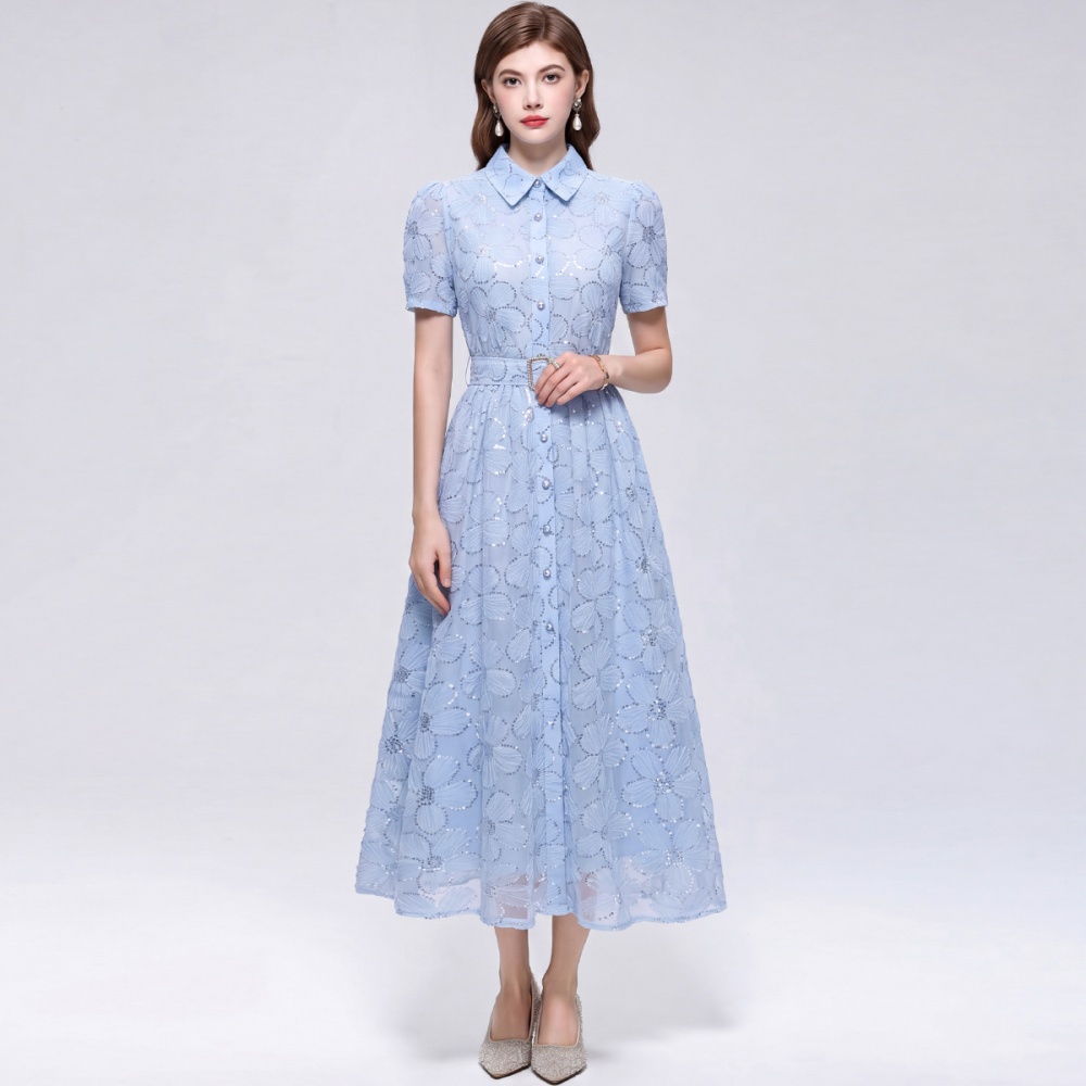 Tender short sleeve A-line big skirt single-breasted lapel dress