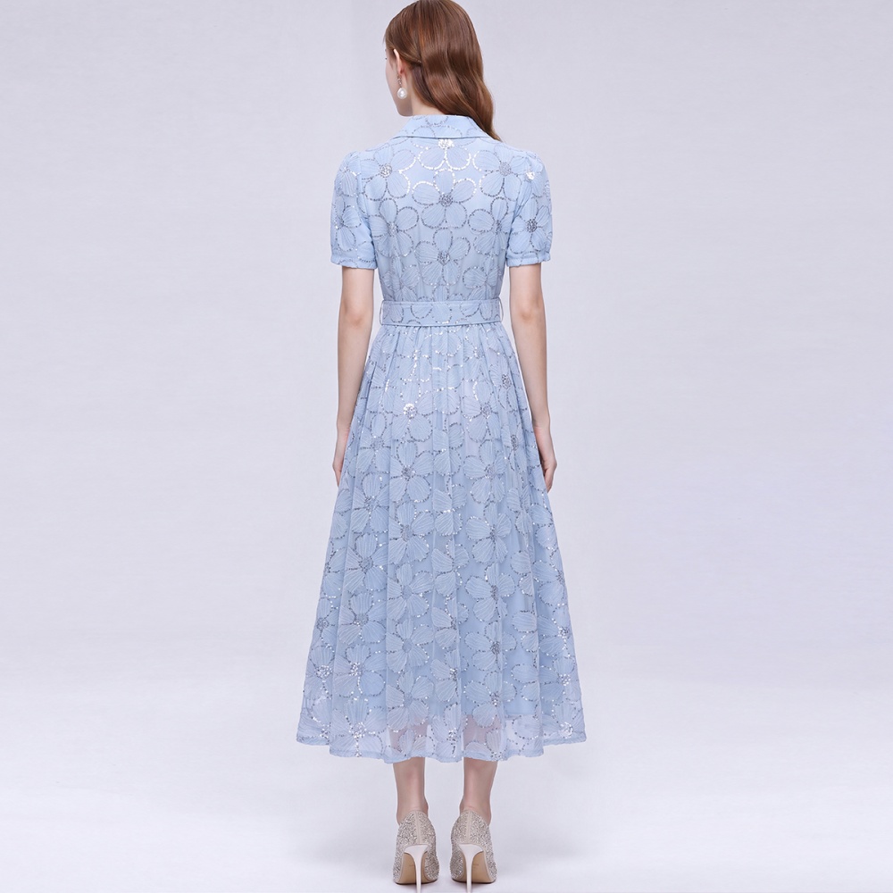 Tender short sleeve A-line big skirt single-breasted lapel dress