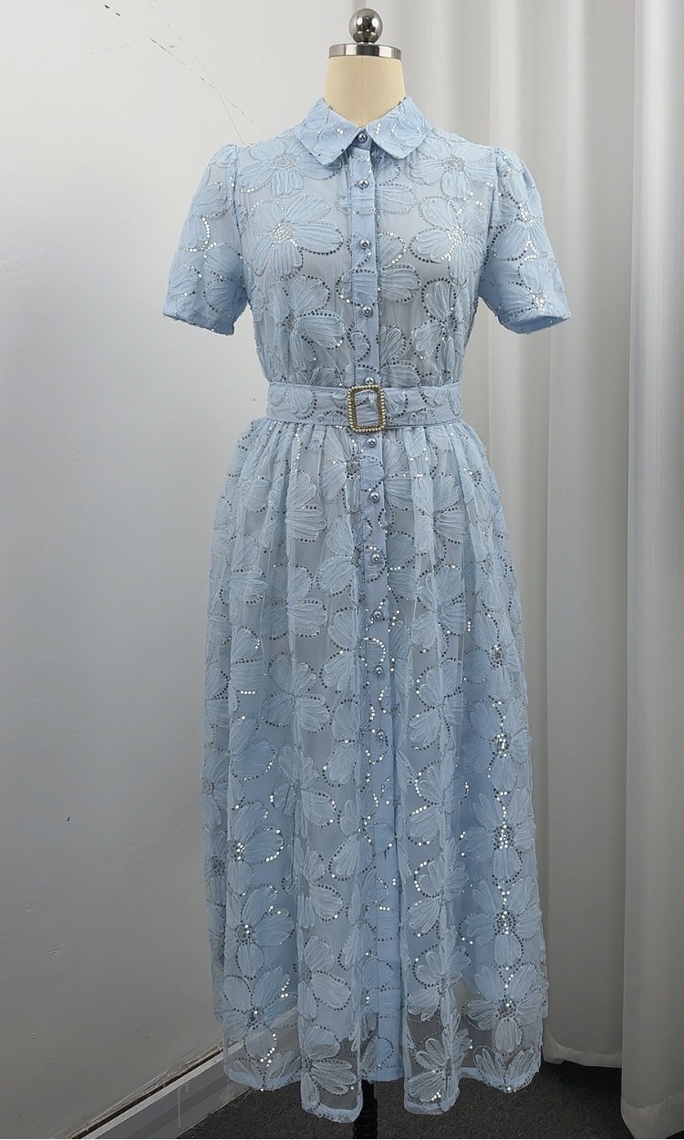 Tender short sleeve A-line big skirt single-breasted lapel dress