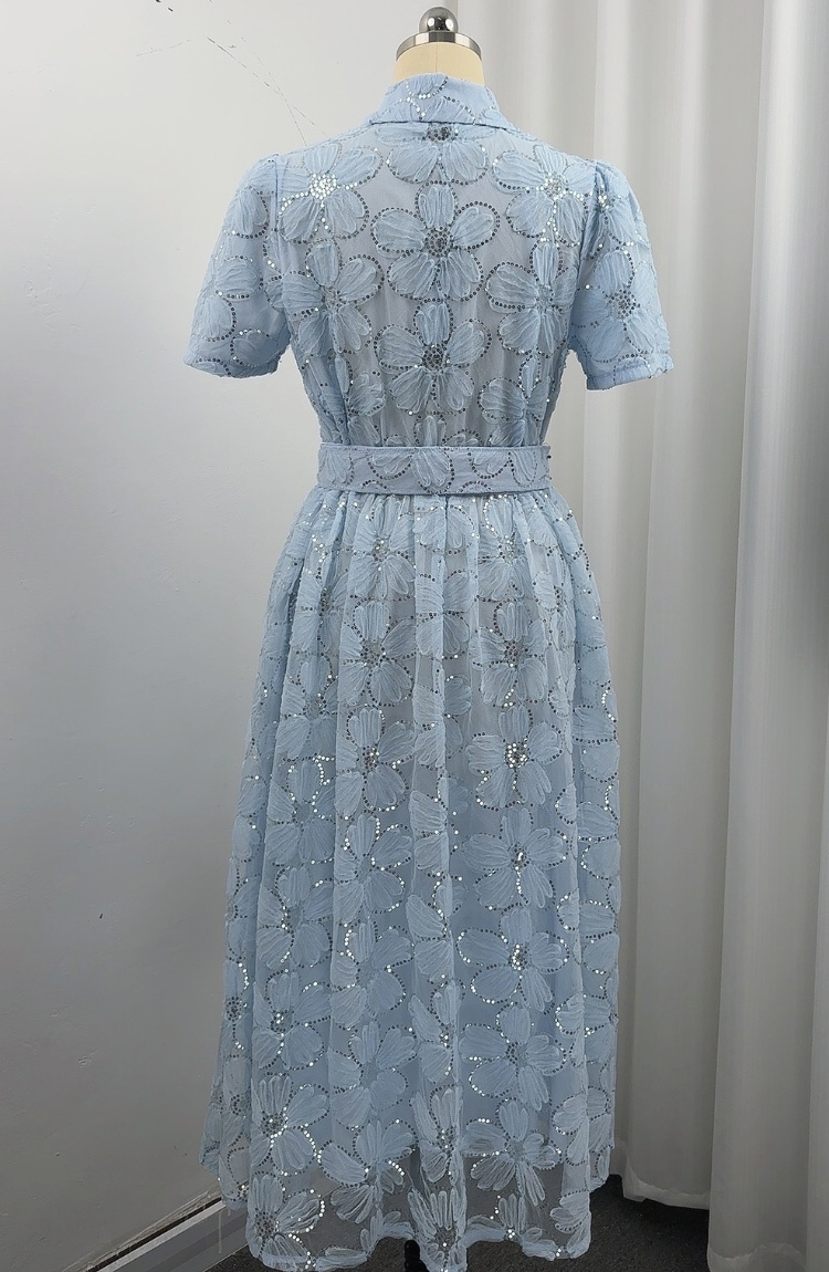 Tender short sleeve A-line big skirt single-breasted lapel dress