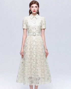 A-line big skirt lapel with belt tender dress