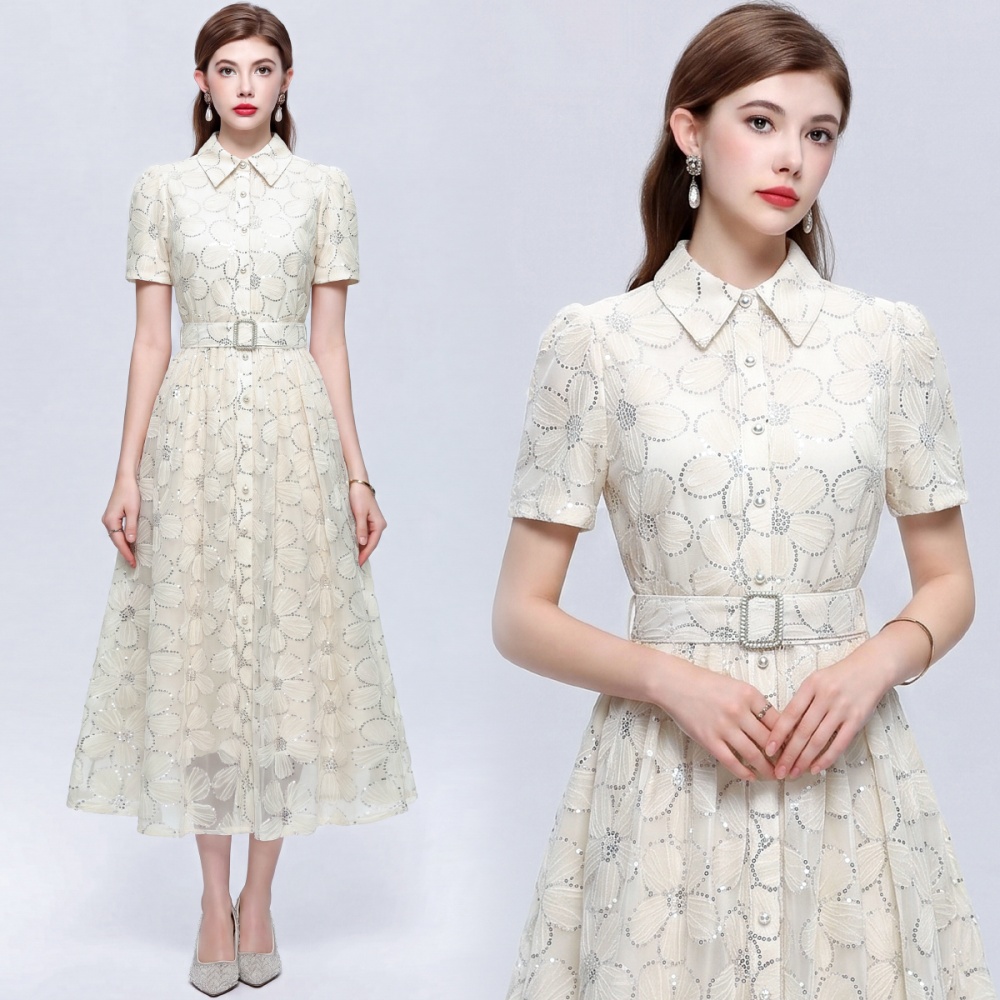 A-line big skirt lapel with belt tender dress