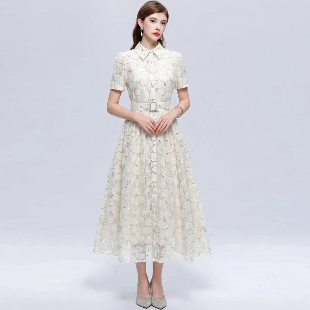A-line big skirt lapel with belt tender dress