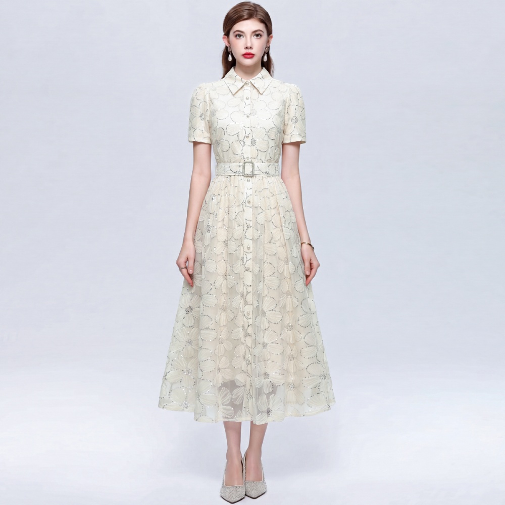 A-line big skirt lapel with belt tender dress