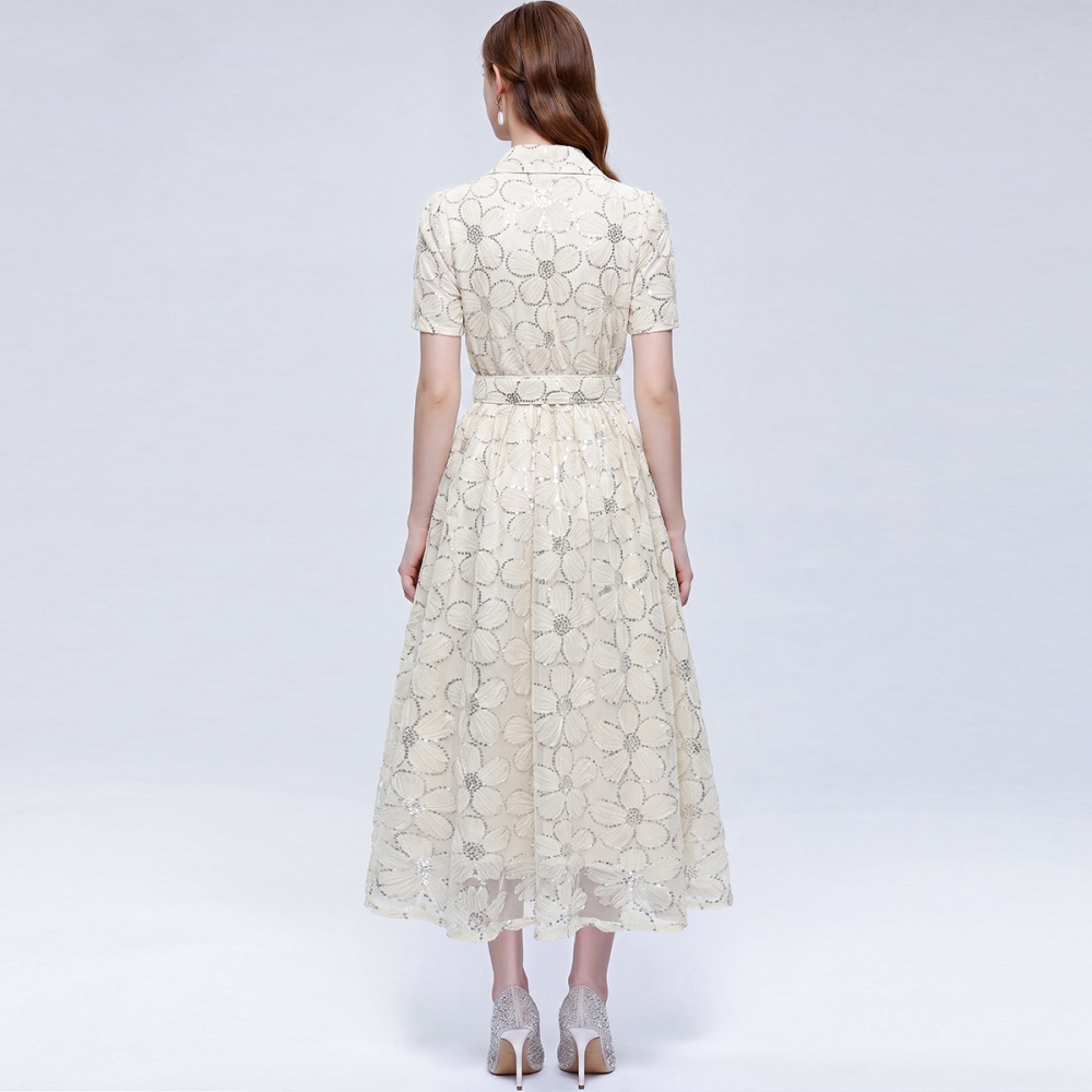 A-line big skirt lapel with belt tender dress