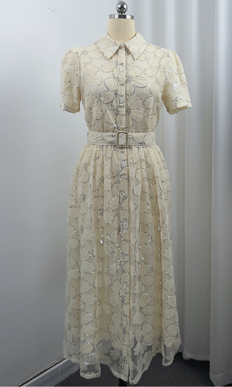 A-line big skirt lapel with belt tender dress