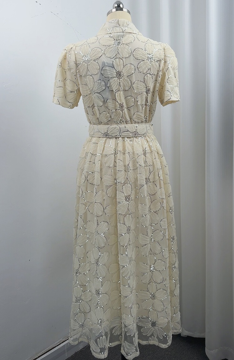 A-line big skirt lapel with belt tender dress