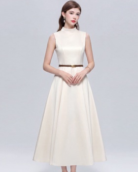 Slim satin long dress A-line pinched waist dress for women
