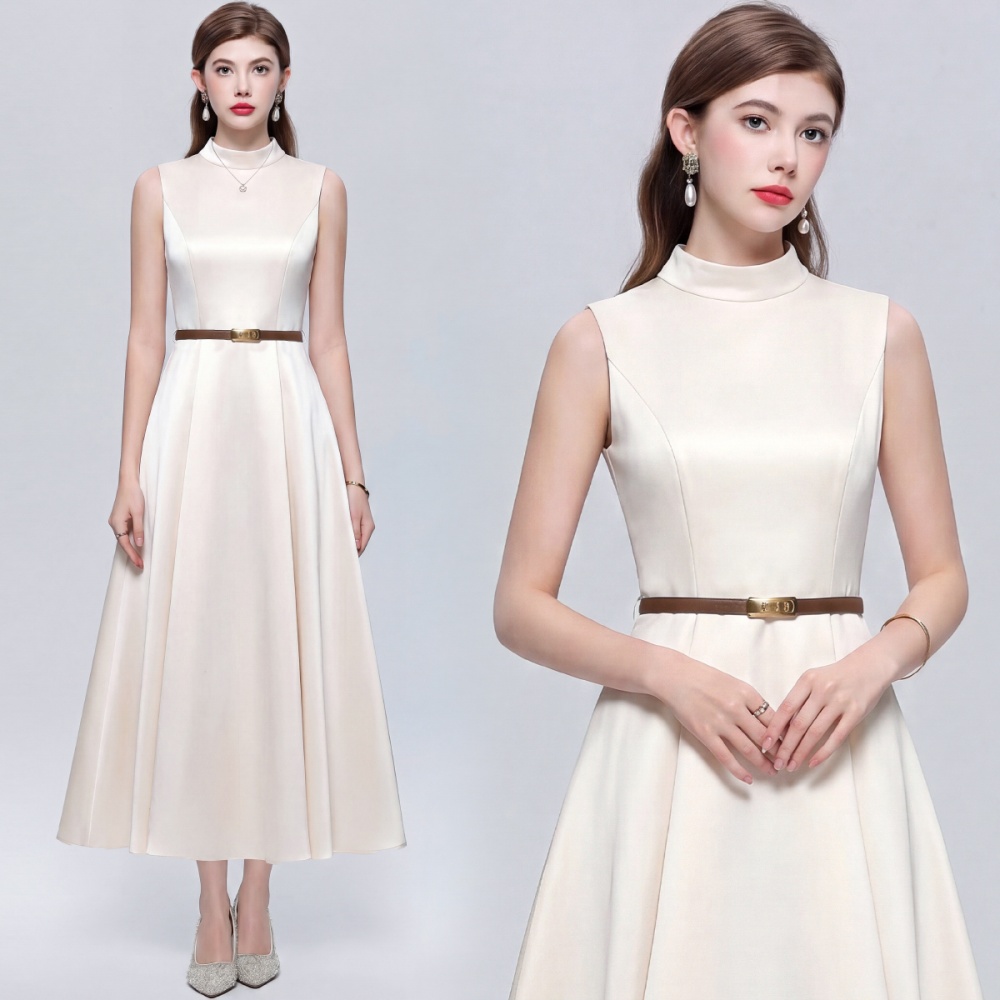 Slim satin long dress A-line pinched waist dress for women
