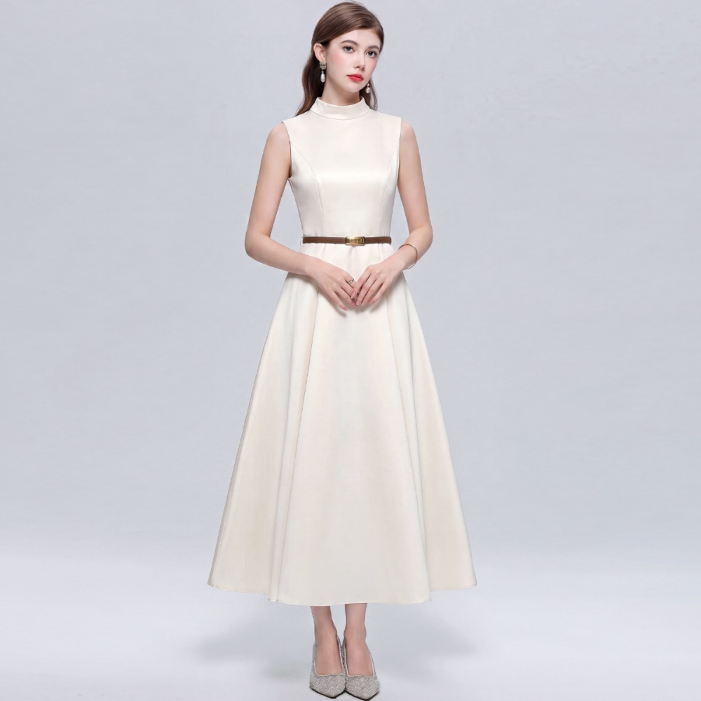 Slim satin long dress A-line pinched waist dress for women