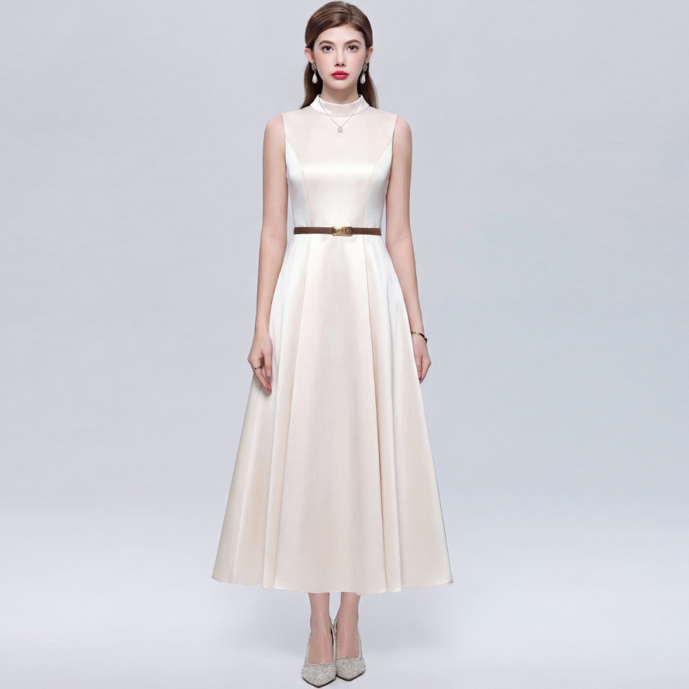 Slim satin long dress A-line pinched waist dress for women