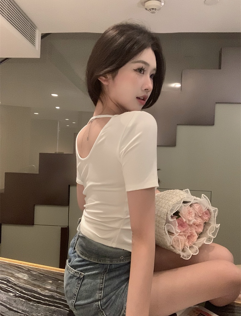 Spicegirl short T-shirt U-neck pinched waist tops