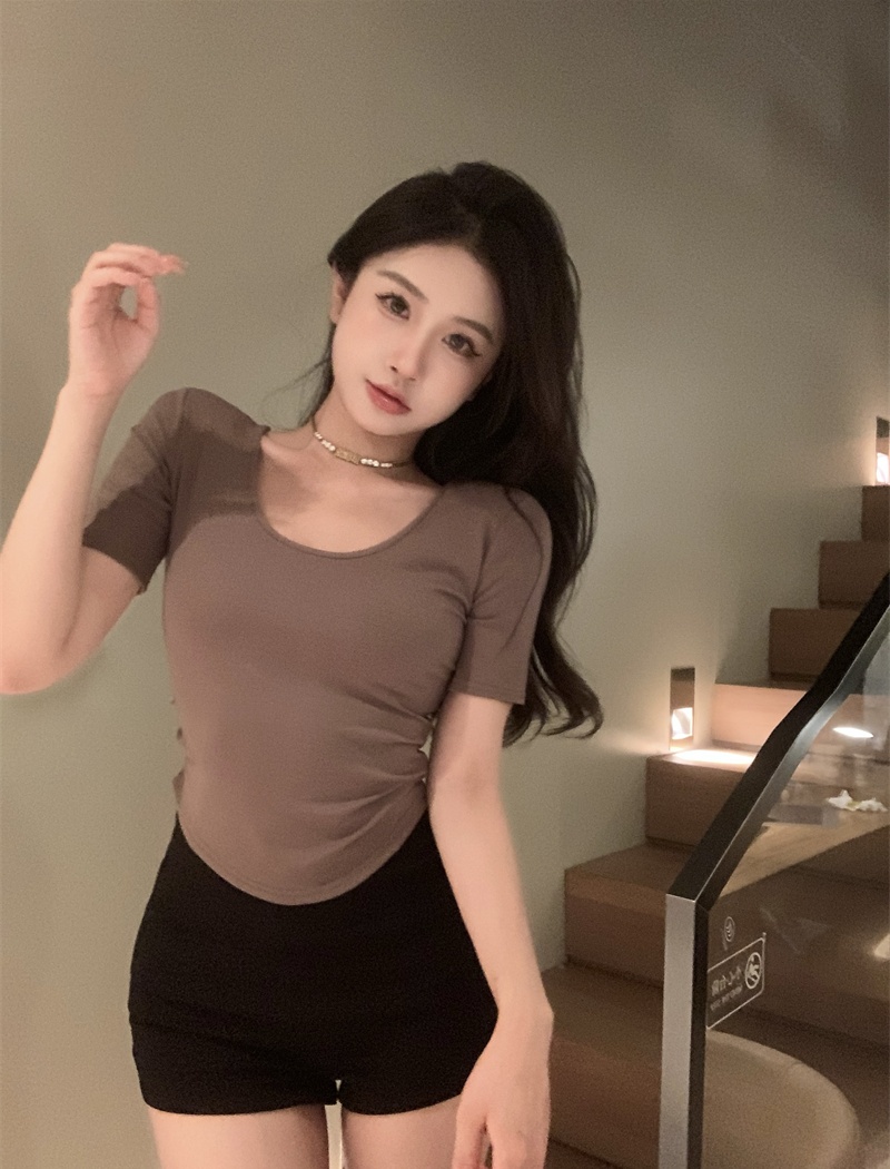Spicegirl short T-shirt U-neck pinched waist tops