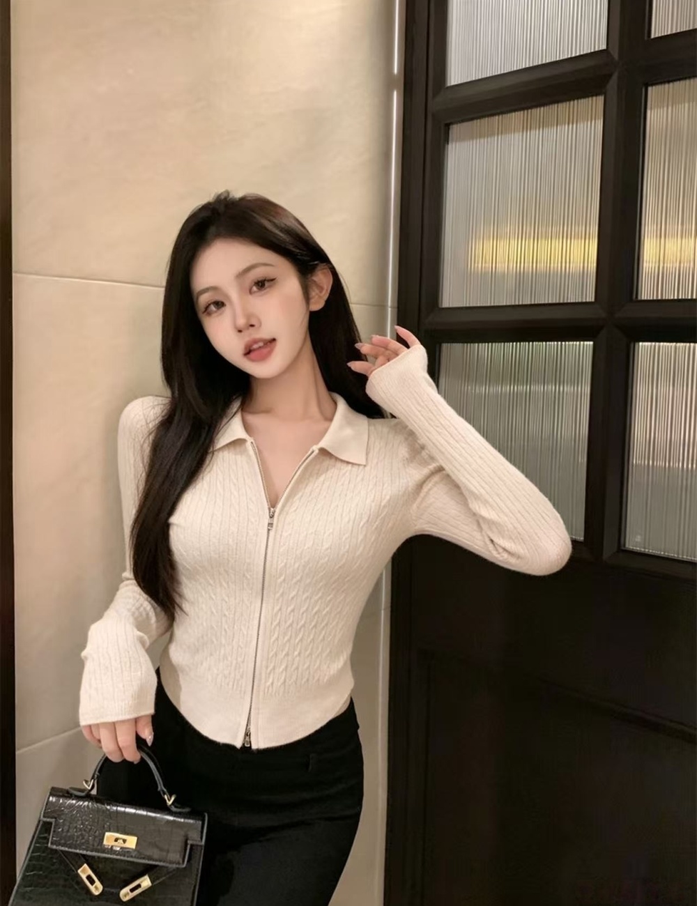 All-match retro knitted cardigan zip twist sweater
