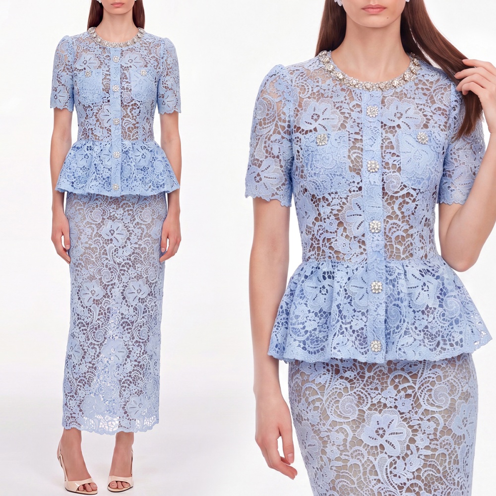 High waist round neck rhinestone dress for women