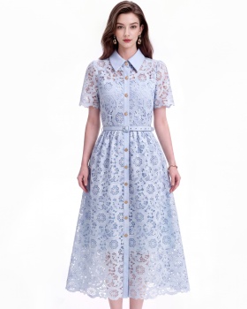 Flowers temperament lapel A-line pinched waist dress