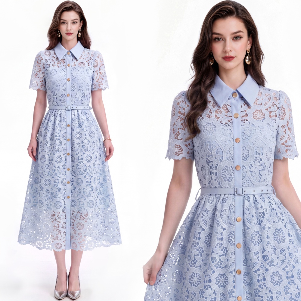 Flowers temperament lapel A-line pinched waist dress