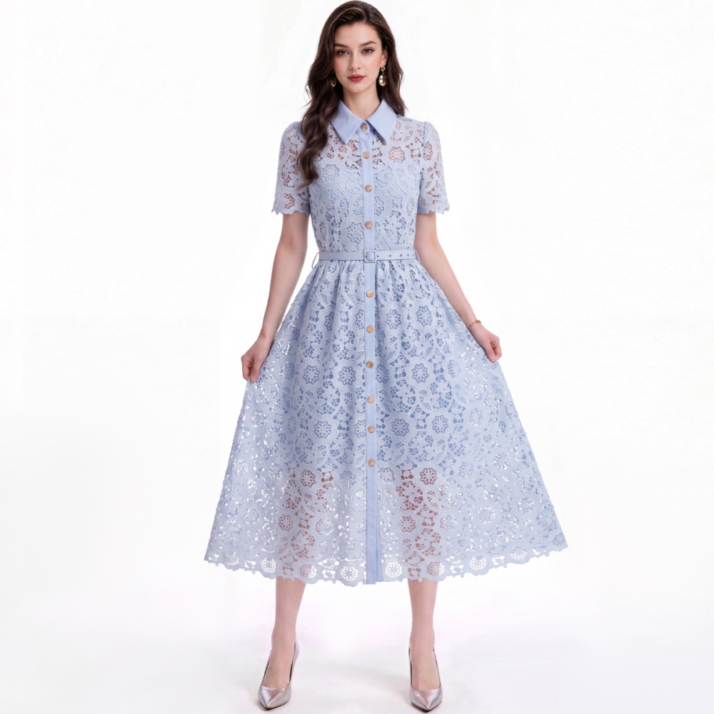 Flowers temperament lapel A-line pinched waist dress