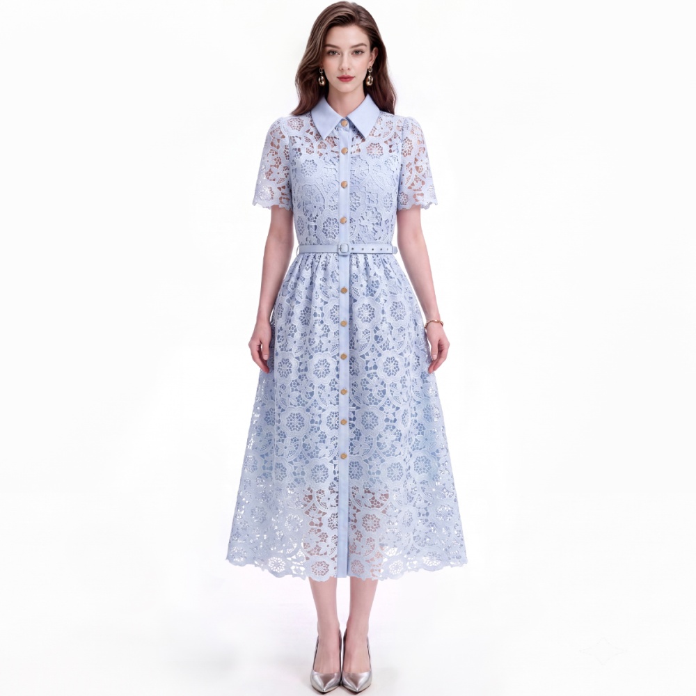 Flowers temperament lapel A-line pinched waist dress