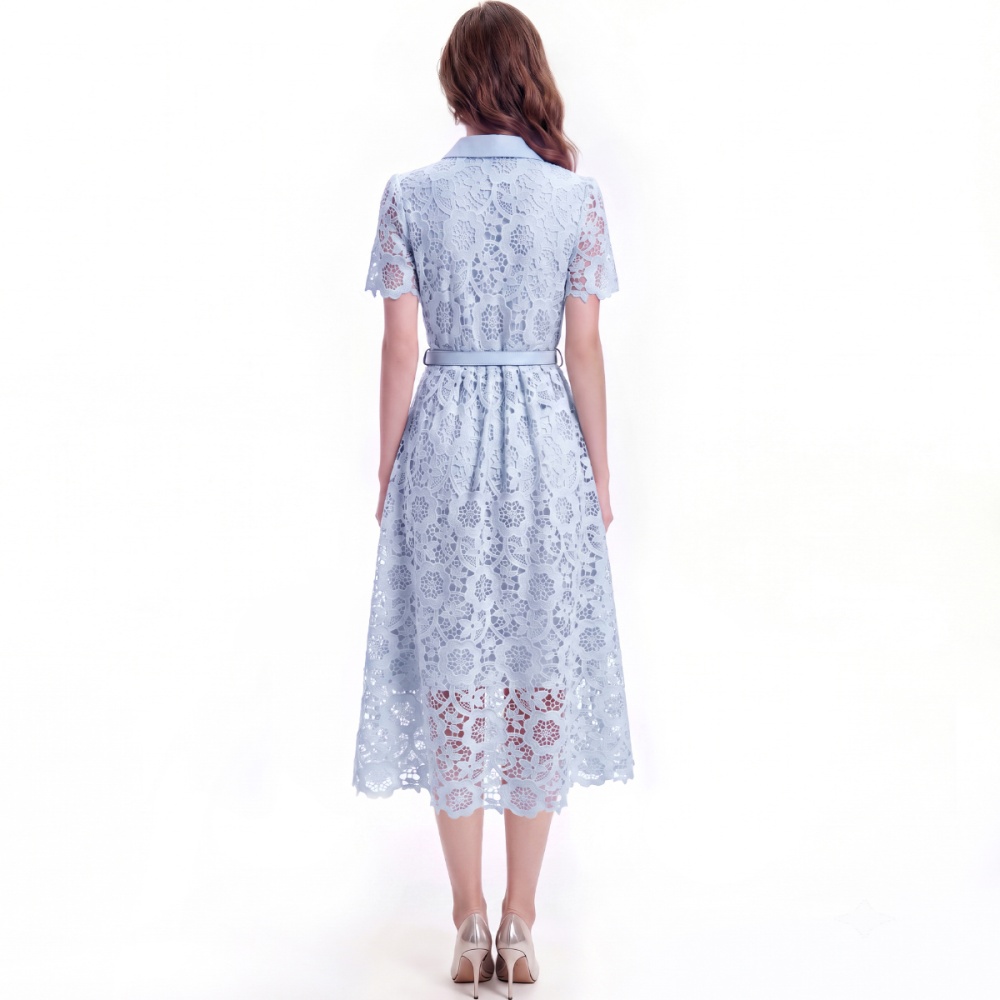 Flowers temperament lapel A-line pinched waist dress