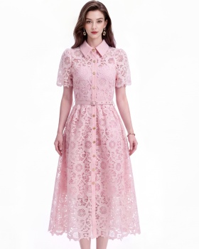 Hollow flowers short sleeve with belt lace elegant dress