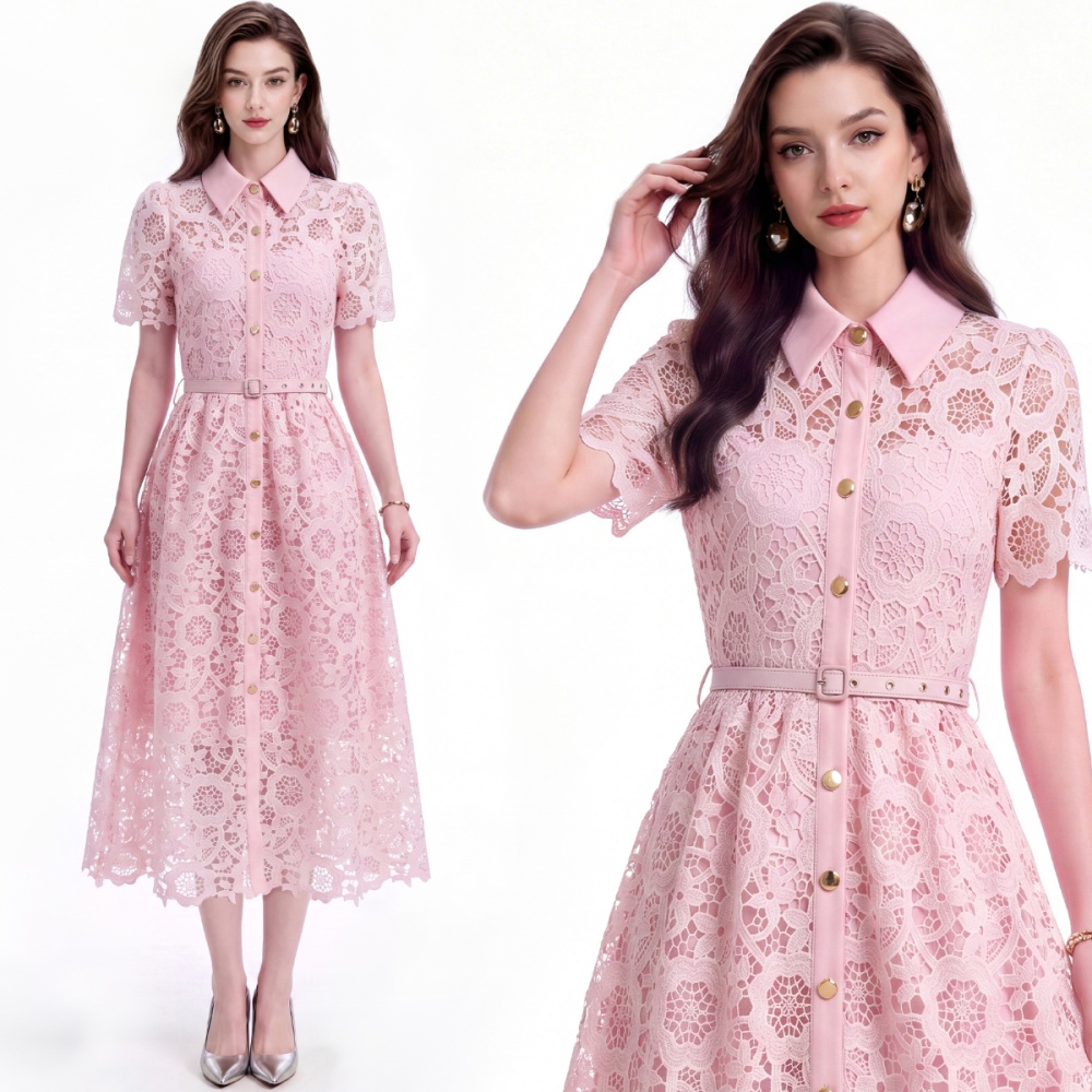 Hollow flowers short sleeve with belt lace elegant dress