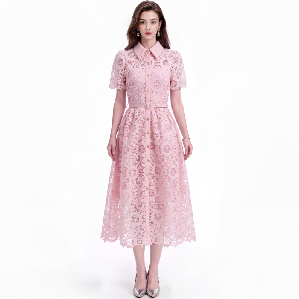Hollow flowers short sleeve with belt lace elegant dress