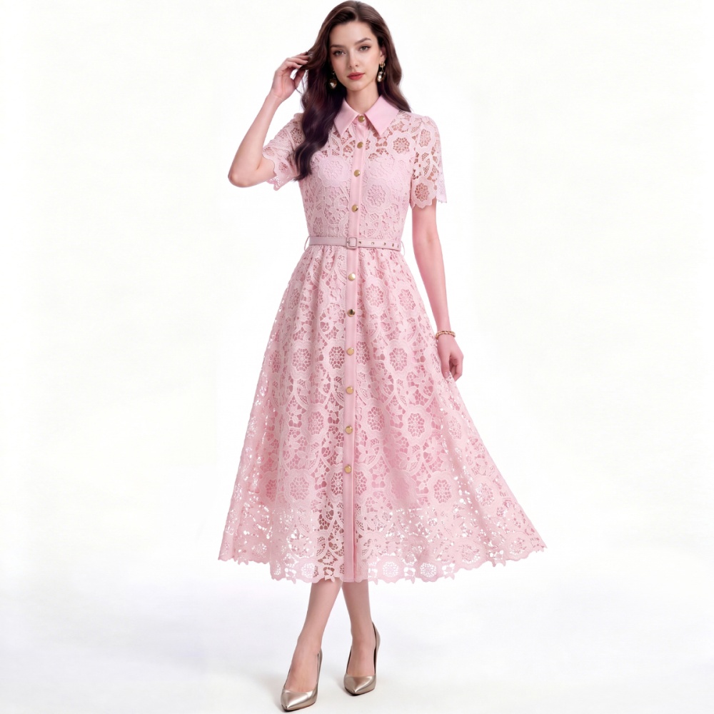 Hollow flowers short sleeve with belt lace elegant dress