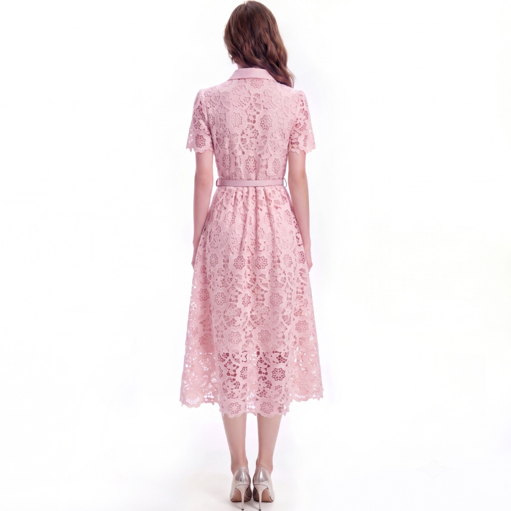 Hollow flowers short sleeve with belt lace elegant dress