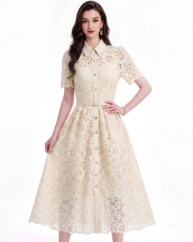 Slim flowers lapel lace with belt temperament dress
