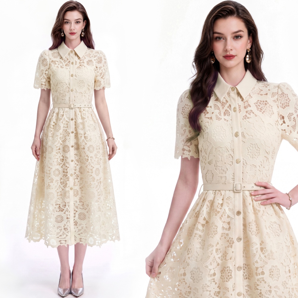 Slim flowers lapel lace with belt temperament dress