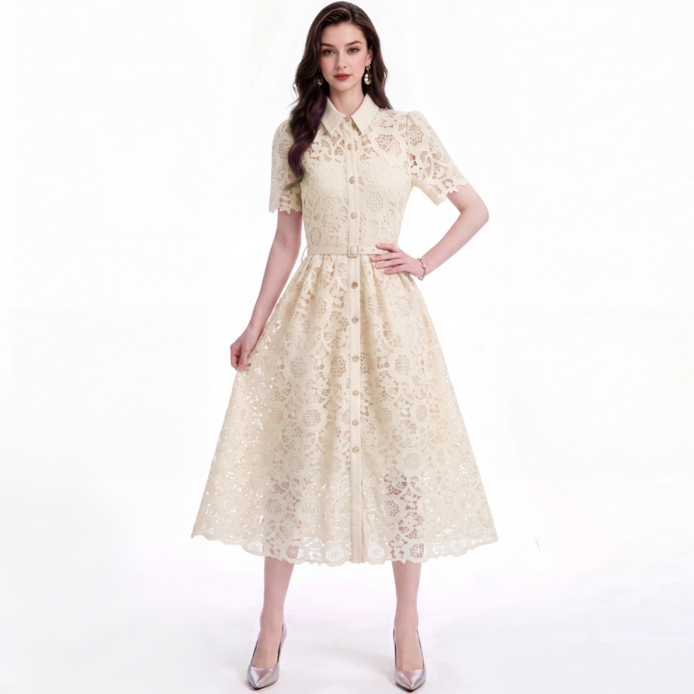 Slim flowers lapel lace with belt temperament dress