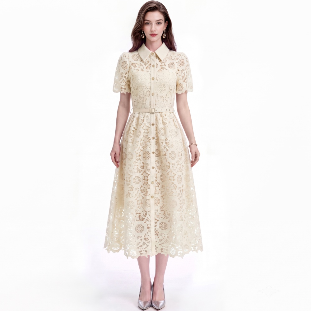Slim flowers lapel lace with belt temperament dress