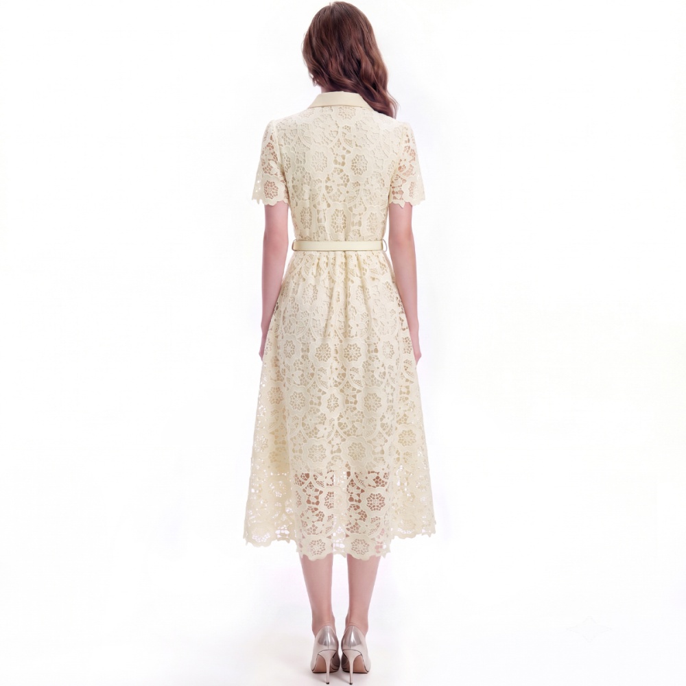 Slim flowers lapel lace with belt temperament dress