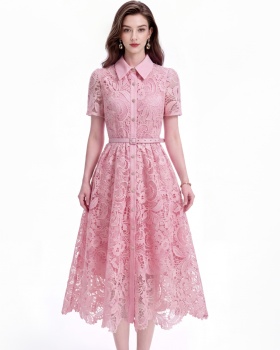 With belt flowers slim short sleeve elegant dress
