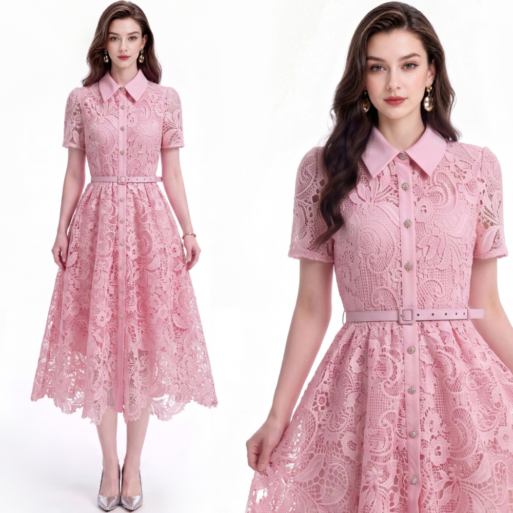 With belt flowers slim short sleeve elegant dress