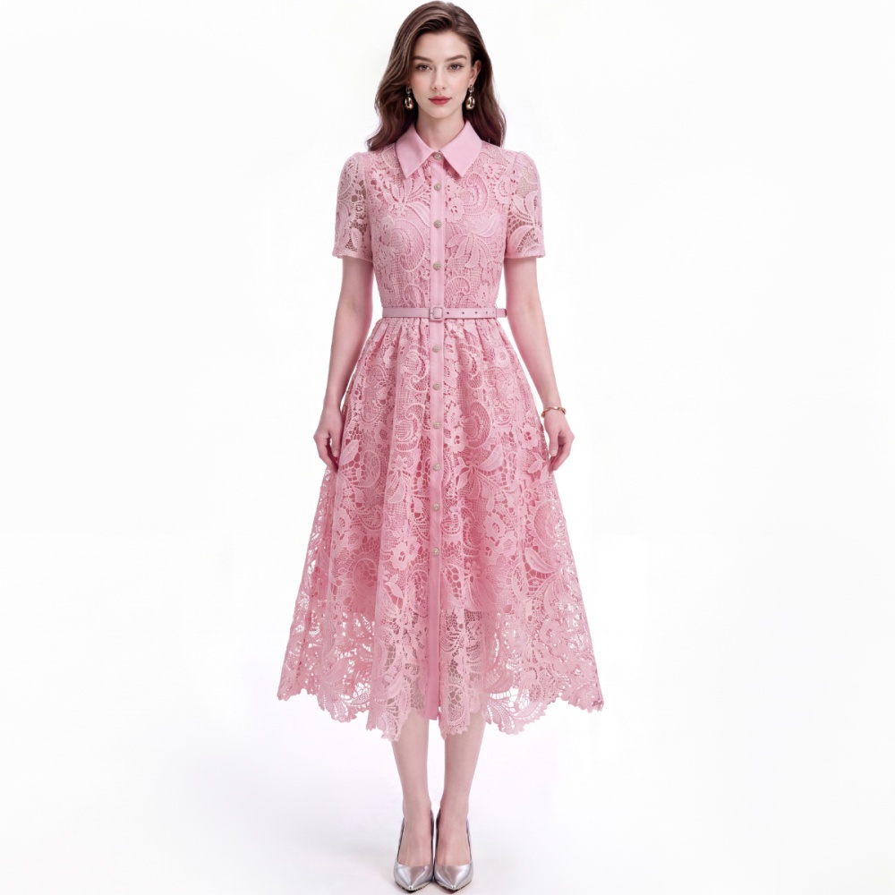 With belt flowers slim short sleeve elegant dress