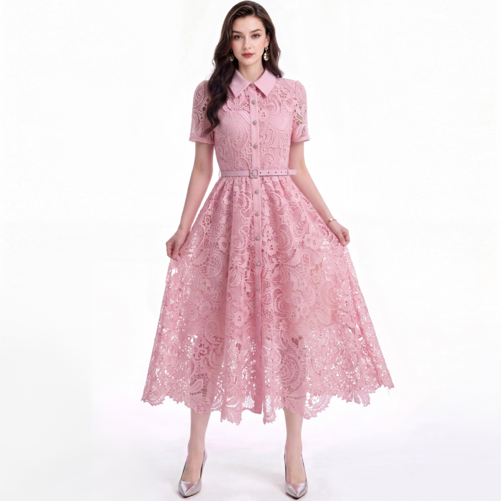 With belt flowers slim short sleeve elegant dress