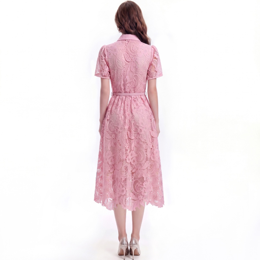With belt flowers slim short sleeve elegant dress