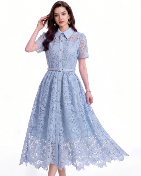 With belt lapel hollow flowers pinched waist elegant dress