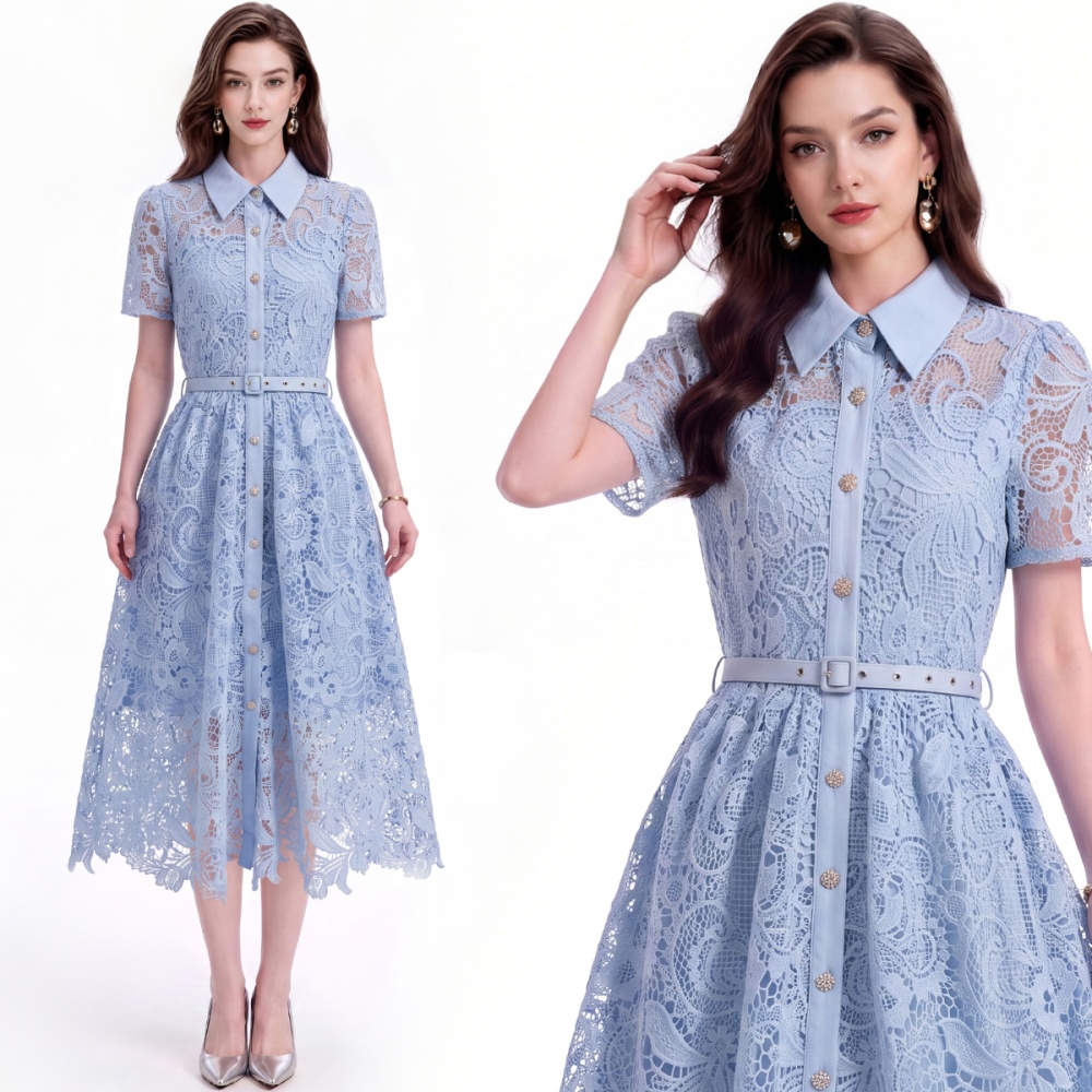 With belt lapel hollow flowers pinched waist elegant dress