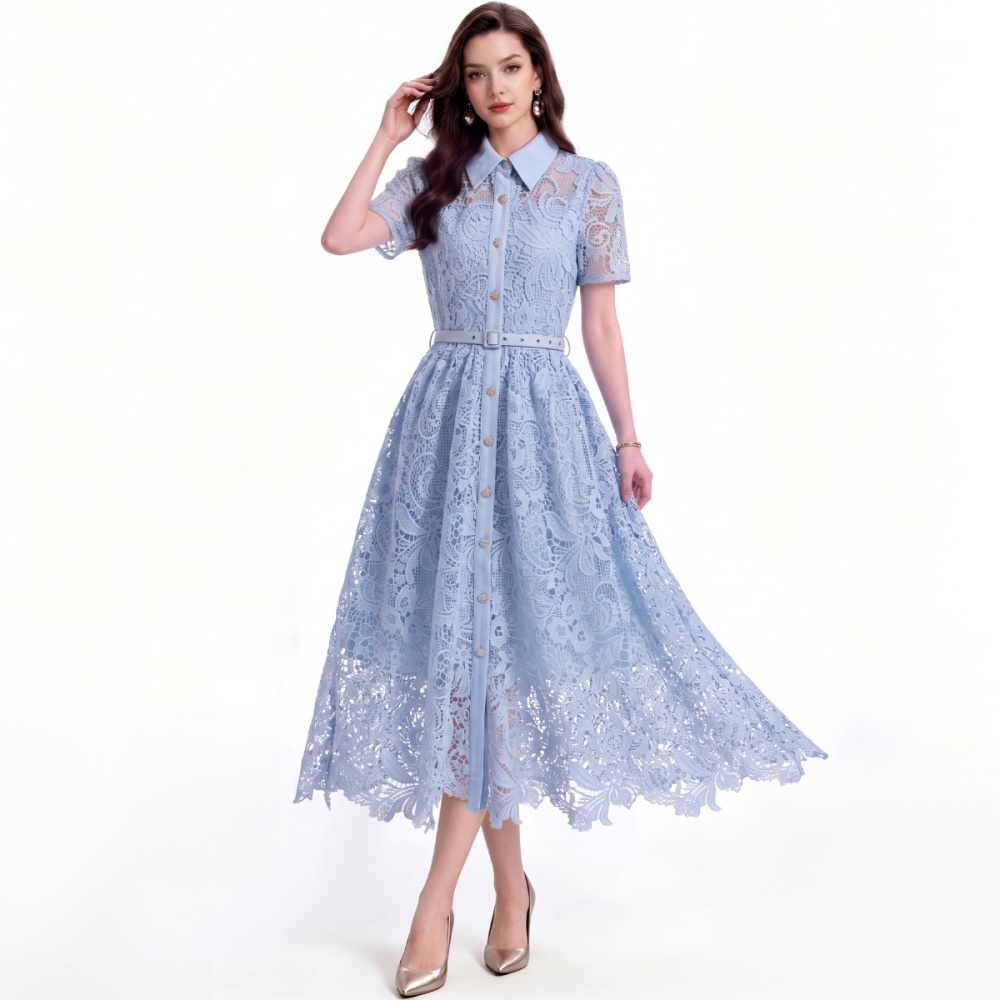 With belt lapel hollow flowers pinched waist elegant dress