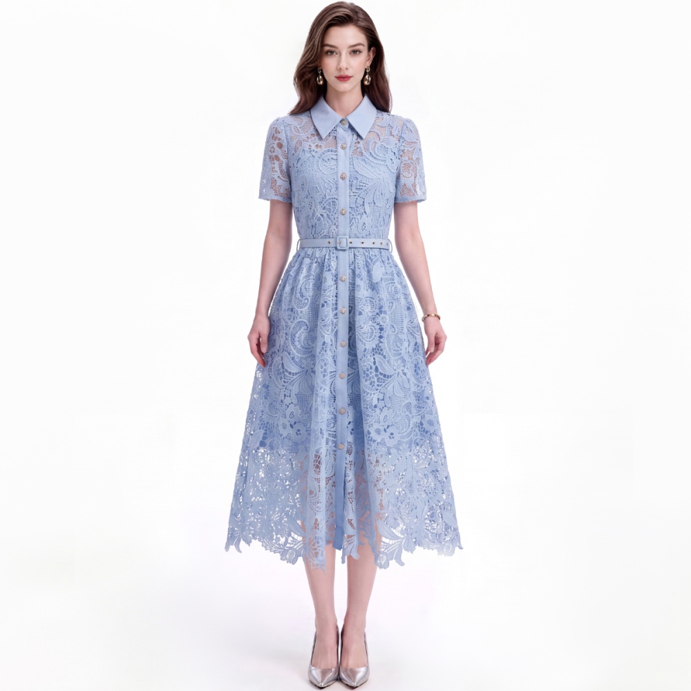 With belt lapel hollow flowers pinched waist elegant dress