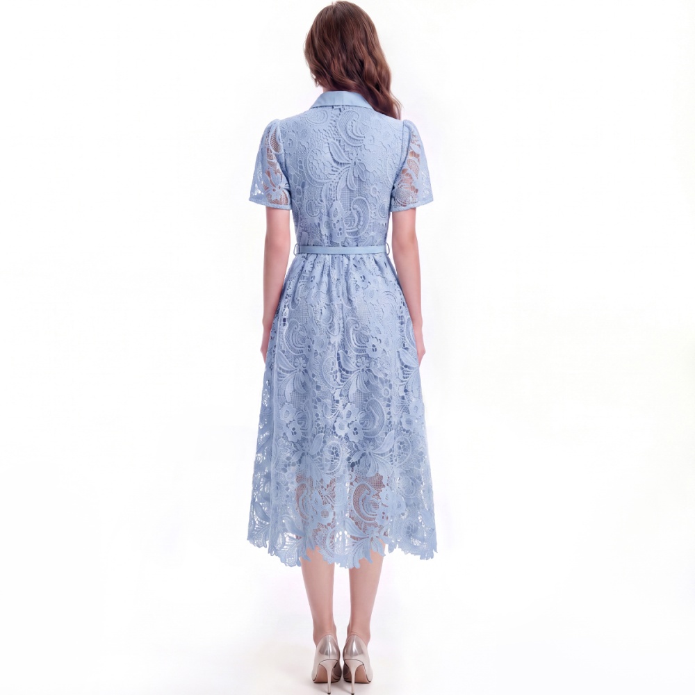 With belt lapel hollow flowers pinched waist elegant dress