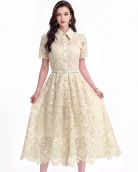 Flowers lace A-line lapel temperament slim dress