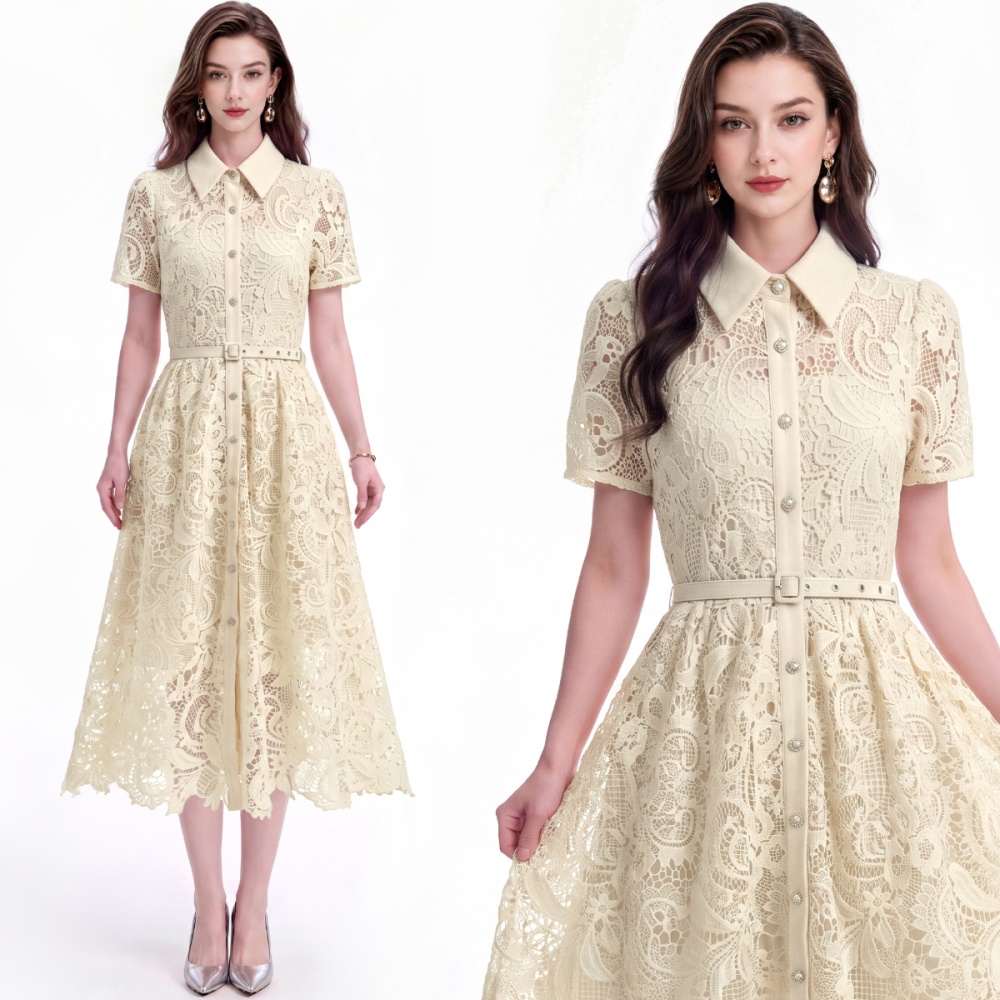 Flowers lace A-line lapel temperament slim dress