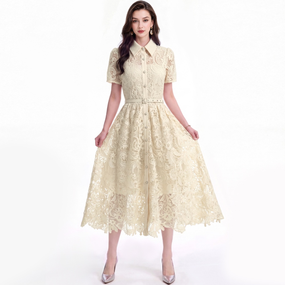 Flowers lace A-line lapel temperament slim dress