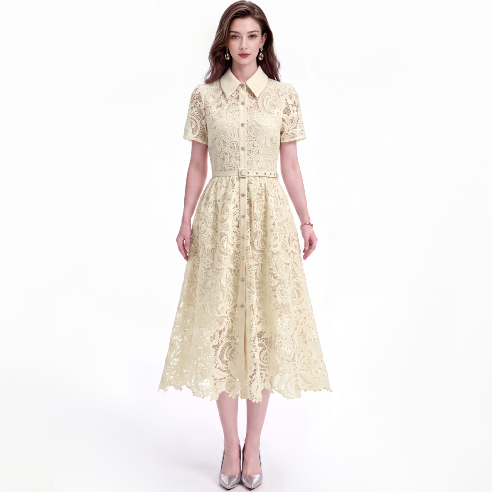 Flowers lace A-line lapel temperament slim dress