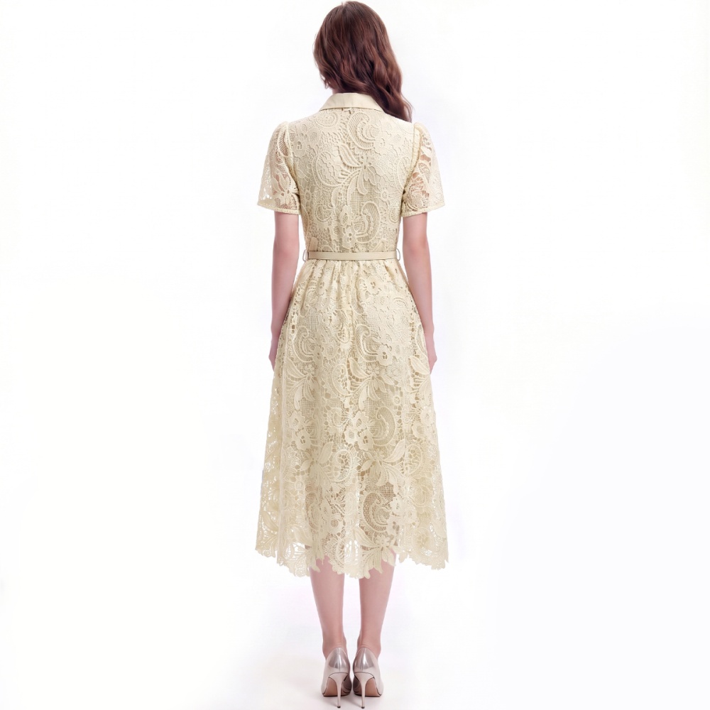 Flowers lace A-line lapel temperament slim dress